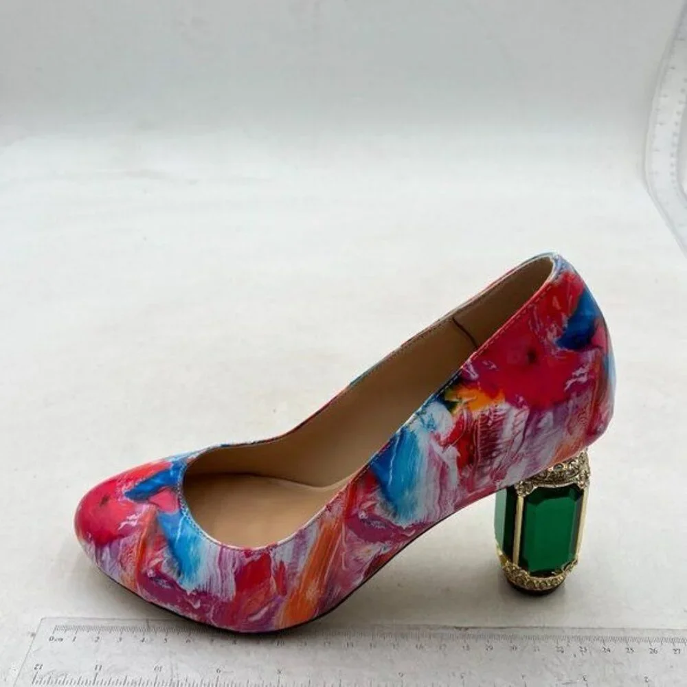 FSJ Women Stylish Closed Toe Rhinestone Emerald Chunky High Heel Pumps - Picture 2 of 8